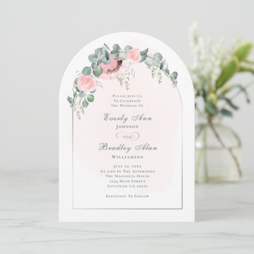Sage Green Eucalyptus Blush Pink Floral Arched Invitation