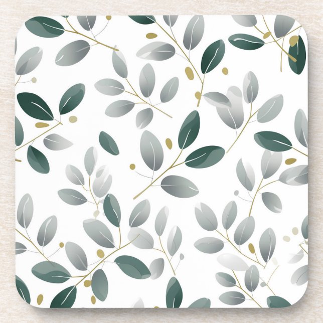 Sage green eucalyptus botanical leaf pattern beverage coaster (Front)