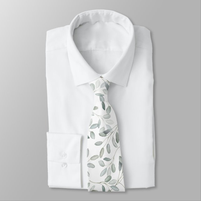 Sage Green Eucalyptus Branch Watercolor Wedding Neck Tie (Tied)