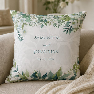 Sage Green Eucalyptus Bride Groom Wedding Date Throw Pillow