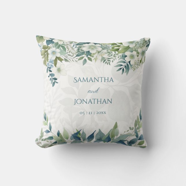 Sage Green Eucalyptus Bride Groom Wedding Date Throw Pillow (Front)