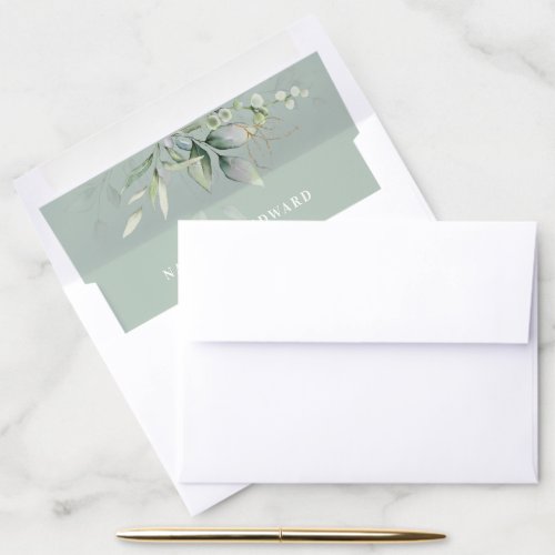 Sage green eucalyptus delicate wedding botanical envelope liner