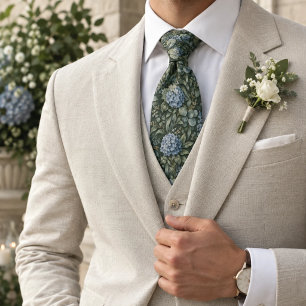 Sage Green Eucalyptus Dusty Blue Hydrangea Neck Tie