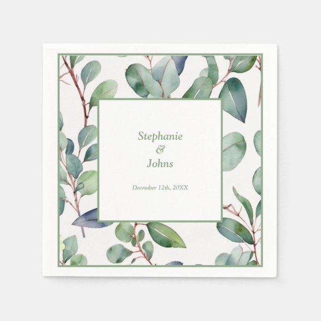 Sage Green Eucalyptus Dusty Blue Leaves Wedding Napkins (Front)
