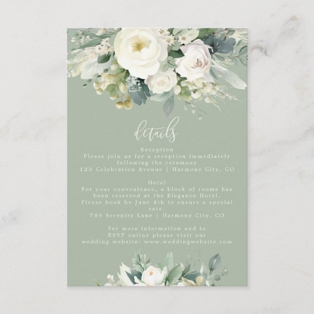 Sage Green Eucalyptus Floral Wedding Details Enclo Enclosure Card (Front)