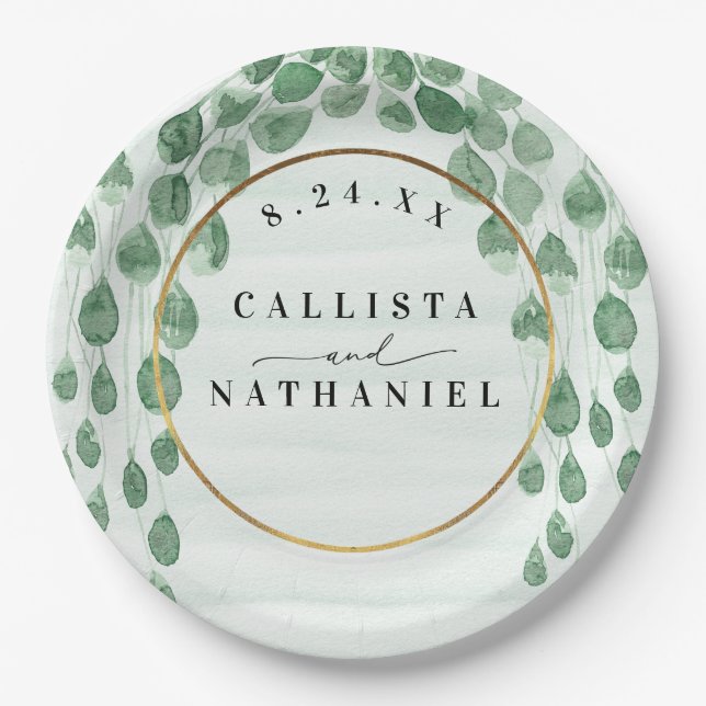 Sage Green Eucalyptus Garland Gold Oval Wedding Paper Plates (Front)