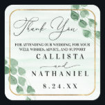 Sage Green Eucalyptus Garland Gold Oval Wedding Square Sticker<br><div class="desc">This modern and elegant wedding thank you sticker is perfect for the contemporary couple. It features sage green hand-painted hanging eucalyptus garland on top of a faux printed gold round square border and light green watercolor artsy background. It's artistic, beautiful, and rustic; the perfect design to impress your guests. ***IMPORTANT...</div>