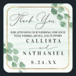 Sage Green Eucalyptus Garland Gold Oval Wedding Square Sticker<br><div class="desc">This modern and elegant wedding thank you sticker is perfect for the contemporary couple. It features sage green hand-painted hanging eucalyptus garland on top of a faux printed gold round square border and light green watercolor artsy background. It's artistic, beautiful, and rustic; the perfect design to impress your guests. ***IMPORTANT...</div>