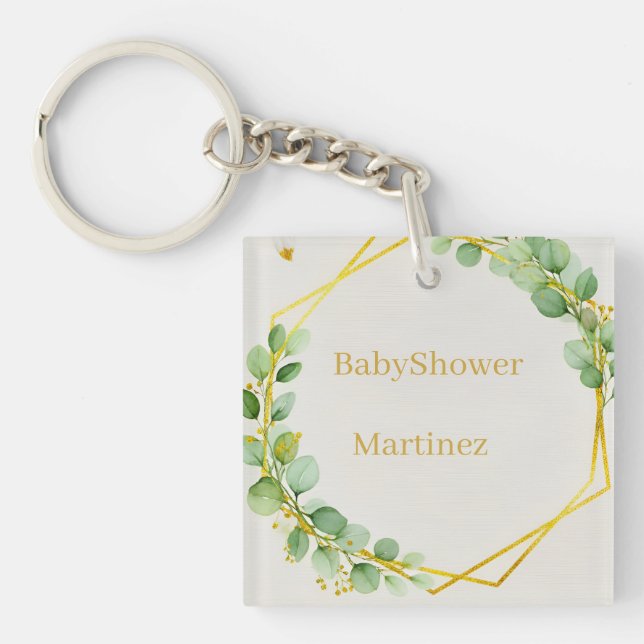 Sage Green Eucalyptus Gold Baby Shower Paper Plate Keychain (Front)