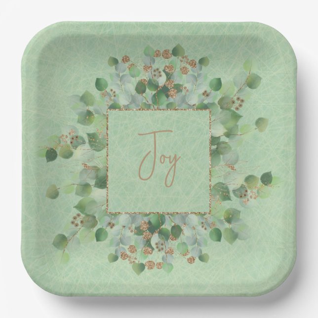 Sage Green Eucalyptus Gold Glitter Custom Joy Paper Plates (Front)
