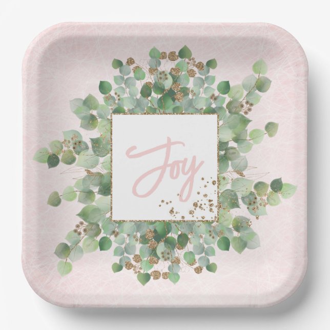 Sage Green Eucalyptus Gold Glitter Pastel Pink     Paper Plates (Front)
