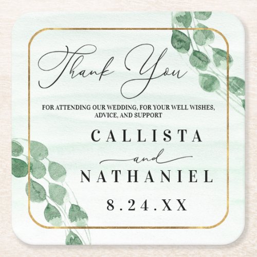 Sage Green Eucalyptus Gold Wedding Thank You Square Paper Coaster