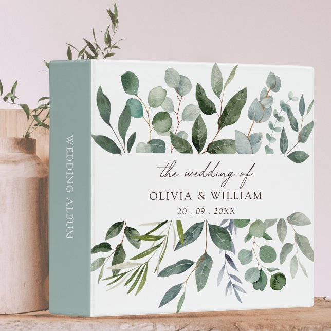 Sage Green Eucalyptus Greenery Leaf Wedding Album 3 Ring Binder (In situ)