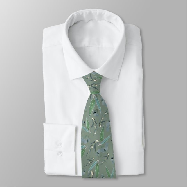 Sage Green Eucalyptus Greenery Pattern Wedding Neck Tie (Tied)