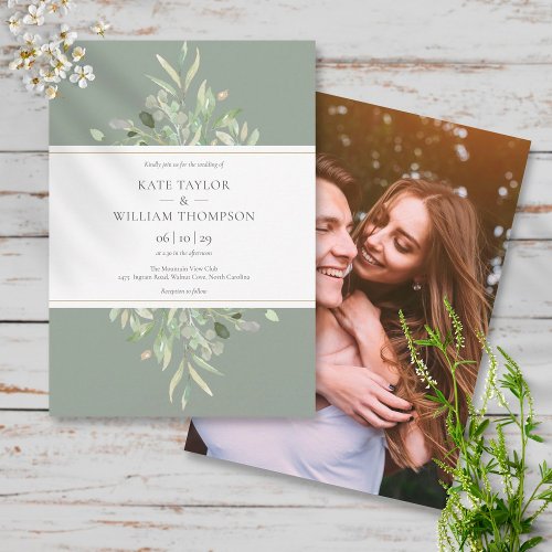 Sage Green Eucalyptus Greenery Photo Wedding Invitation