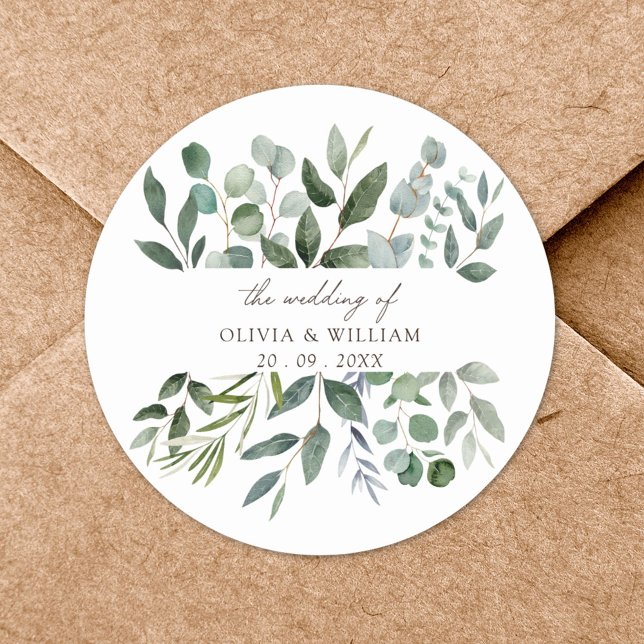 Sage Green Eucalyptus Greenery Wedding Favor Gift Classic Round Sticker (In situ)