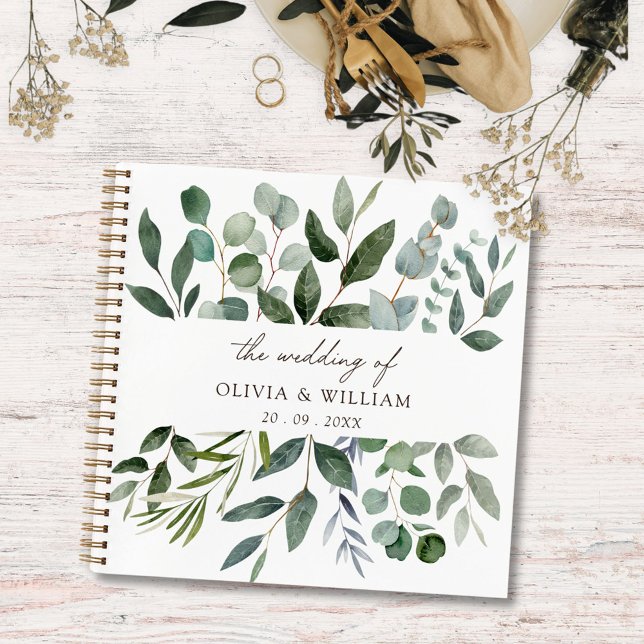 Sage Green Eucalyptus Greenery Wedding Guestbook Notebook (In situ)