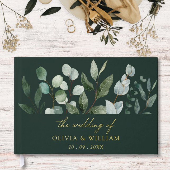 Sage Green Eucalyptus Greenery Wedding Leaves Foil Guest Book (In situ)
