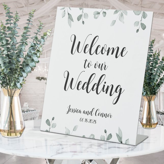 Sage Green Eucalyptus Greenery Welcome To Wedding Pedestal Sign (Creator Uploaded)