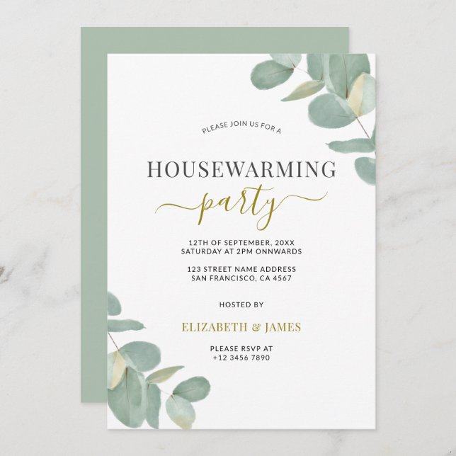 Sage Green Eucalyptus Housewarming Party Invitation (Front/Back)