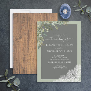 Sage Green Eucalyptus Lace Wood Script Wedding Invitation