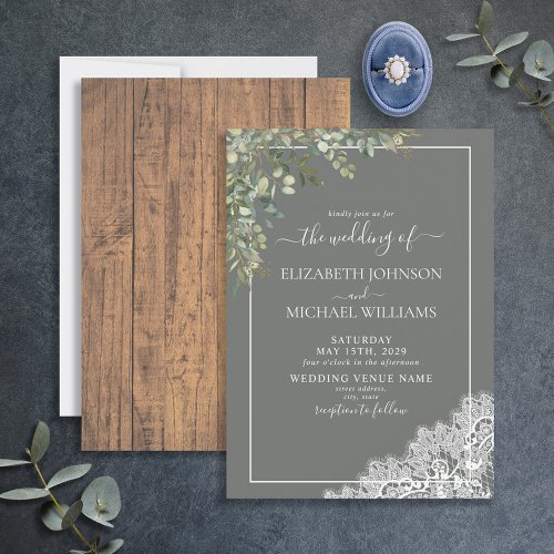 Sage Green Eucalyptus Lace Wood Script Wedding Invitation