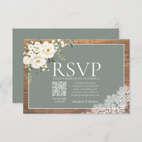 Sage Green Eucalyptus Lace Wood Wedding QR RSVP