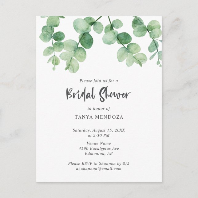 Sage Green Eucalyptus Leaf Bridal Shower Chic Postcard (Front)