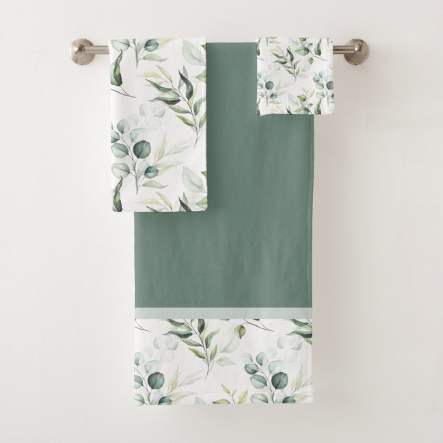 Sage Green Eucalyptus Leaves Bath Towel Set (Insitu)