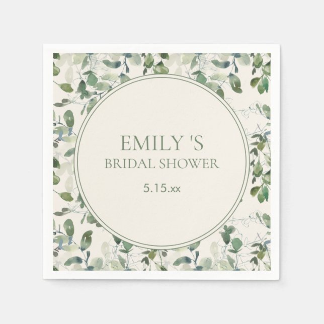 Sage Green Eucalyptus Leaves Cream Bridal Shower Napkins (Front)