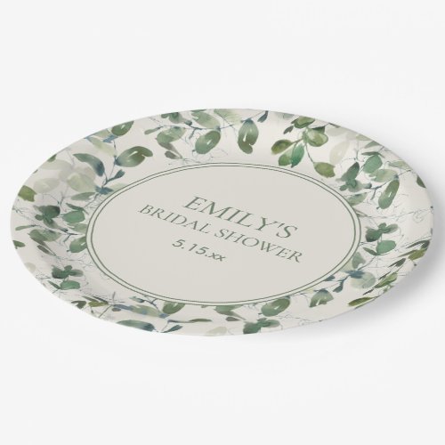 Sage Green Eucalyptus Leaves Cream Bridal Shower Paper Plates
