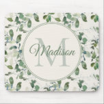 Sage Green Eucalyptus Leaves Cream Monogram Name Mouse Pad<br><div class="desc">Sage green eucalyptus leaves on cream-colored monogram and name mousepad.  Contact us for help with customization or to request matching products.</div>