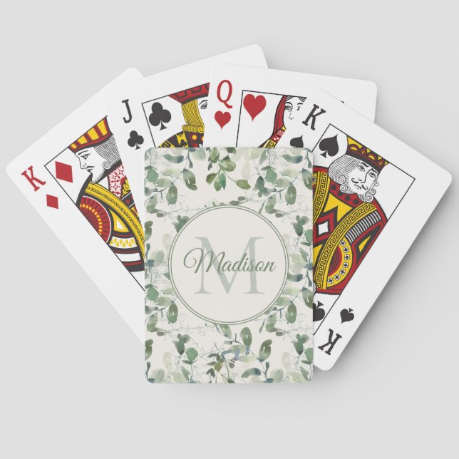 Sage Green Eucalyptus Leaves Cream Monogram Name Poker Cards (Back)