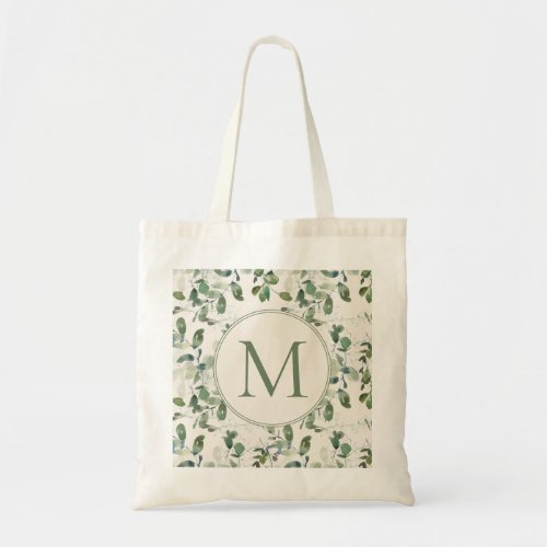 Sage Green Eucalyptus Leaves Cream Monogram Tote Bag