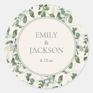 Sage Green Eucalyptus Leaves Cream Wedding Classic Round Sticker