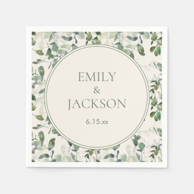 Sage Green Eucalyptus Leaves Cream Wedding Napkins (Front)