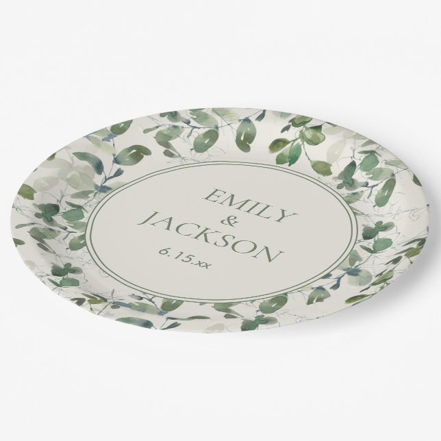 Sage Green Eucalyptus Leaves Cream Wedding Paper Plates (Angled)
