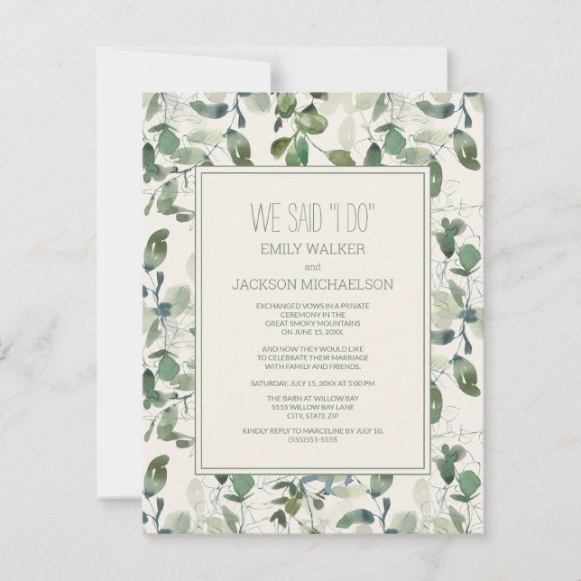Sage Green Eucalyptus Leaves Wedding Elopement Invitation (Front)
