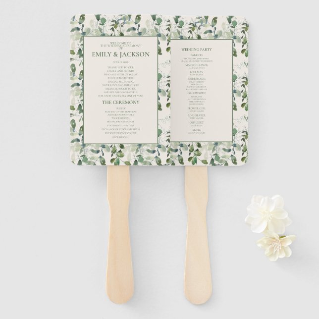 Sage Green Eucalyptus Leaves Wedding Hand Fan (Front and Back)