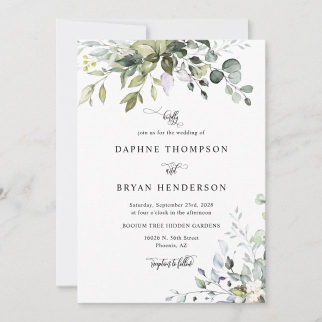 Sage Green Eucalyptus Leaves Wedding QR Code Photo Invitation (Front)