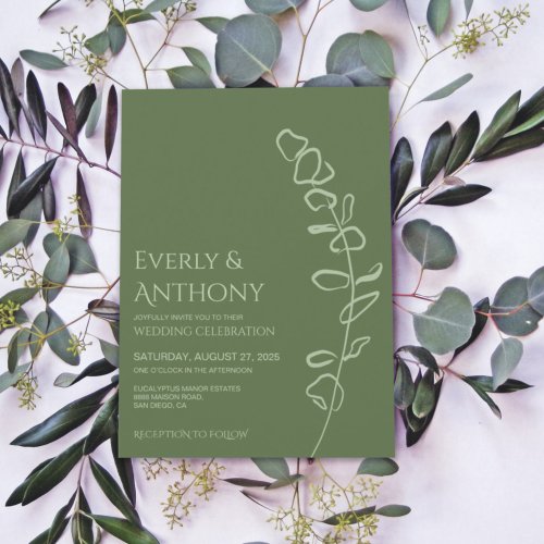 Sage Green Eucalyptus Lineart Modern Wedding Invitation