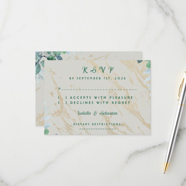 Sage Green Eucalyptus Marble RSVP Card (Front/Back In Situ)