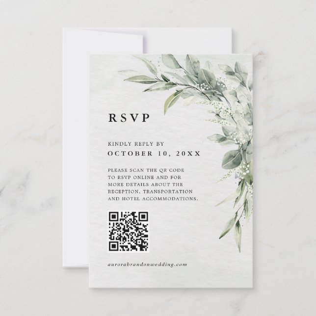 Sage Green Eucalyptus Minimalist Botanical QR code RSVP Card (Front)
