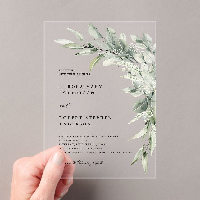 Sage Green Eucalyptus Minimalist Botanical Wedding Acrylic Invitations (Insitu (Handheld))
