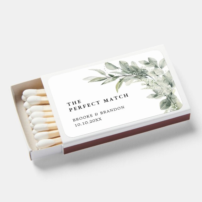 Sage Green Eucalyptus Minimalist Botanical Wedding Matchboxes (Front Open)