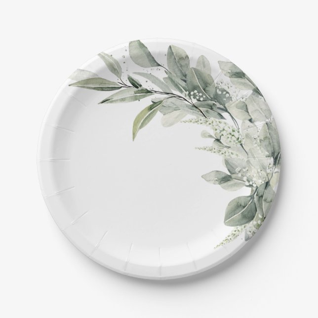 Sage Green Eucalyptus Minimalist Botanical Wedding Paper Plates (Front)