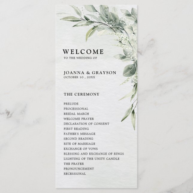 Sage Green Eucalyptus Minimalist Botanical Wedding Program (Front)