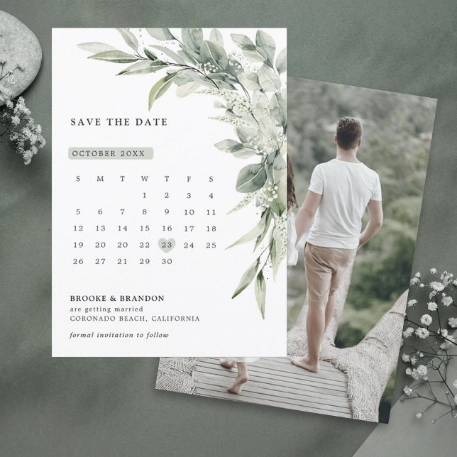 Sage Green Eucalyptus Minimalist Botanical Wedding Save The Date (Sage green eucalyptus calendar save the date card)