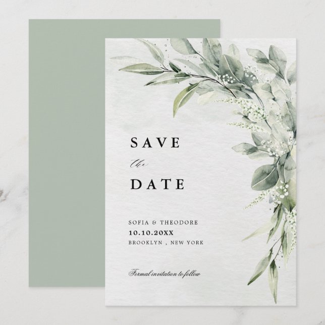 Sage Green Eucalyptus Minimalist Botanical Wedding Save The Date (Front/Back)