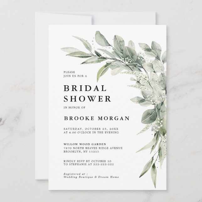 Sage Green Eucalyptus Minimalist Bridal Shower Inv Invitation (Front)